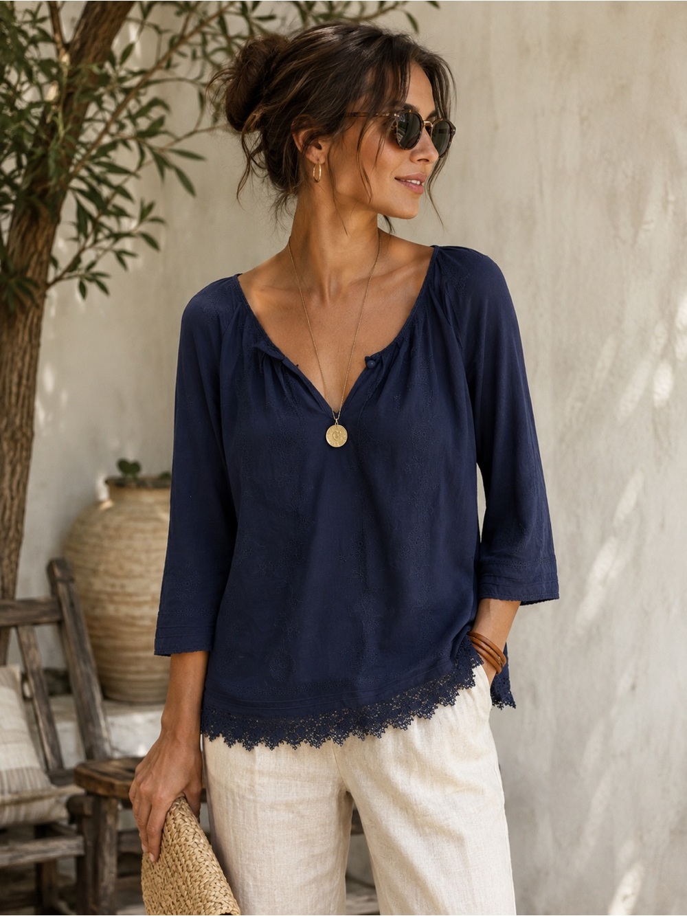 Massimo Dutti Navy Embroidered Boho Blouse Lace Hem 3/4 Sleeve Cotton Top